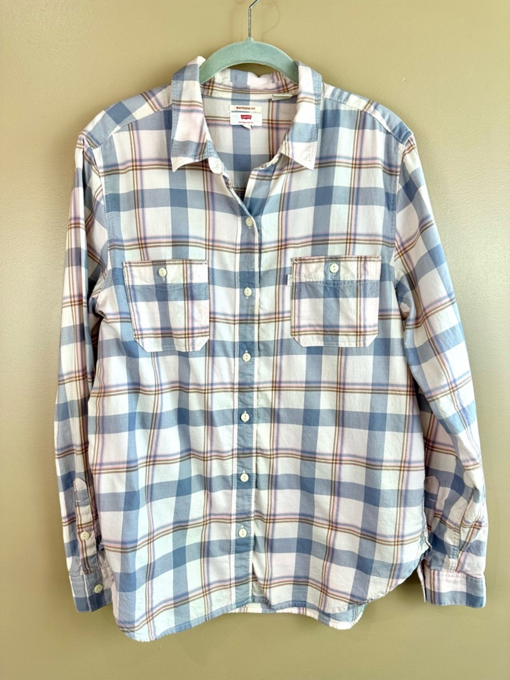 Levi's Womens Pastel Pink Blue Plaid Boyfriend Long Sleeve Shirt Large Softgirl